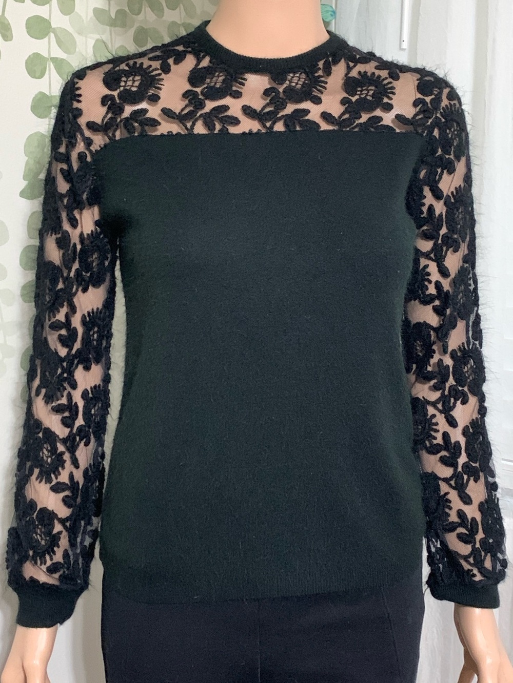 Sz S Vintage Union Made Black Women's Mesh Sweater with Floral Lace Details HTF